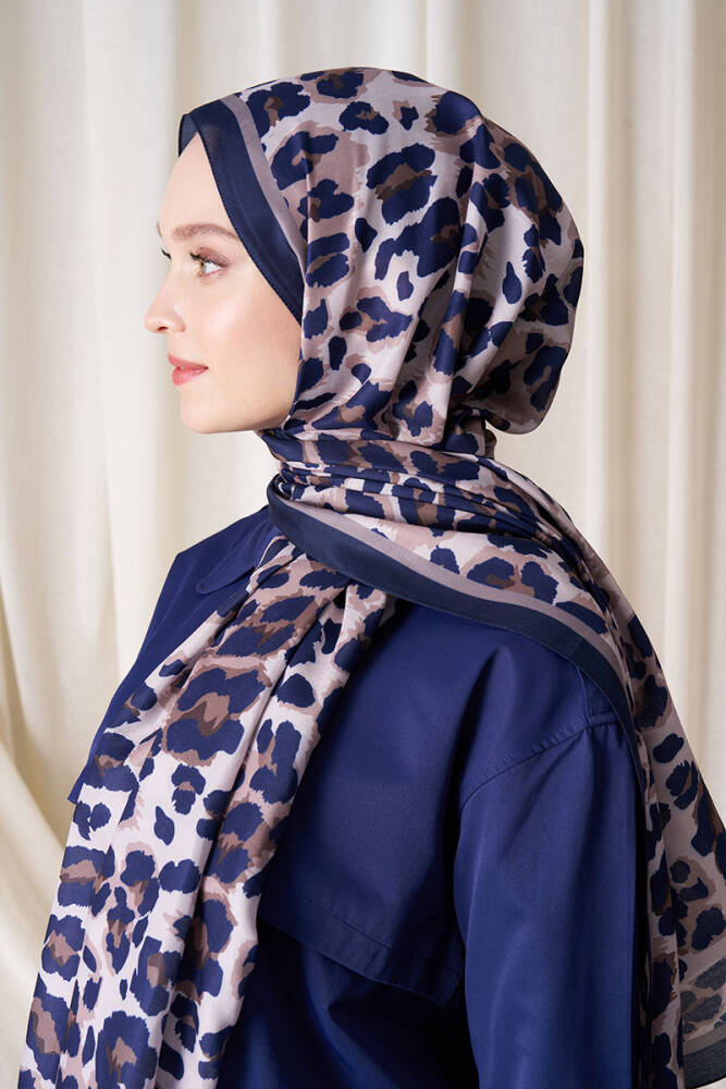 Ahsen Alemdar Historical Leopar Desen Şal - Lacivert - 5