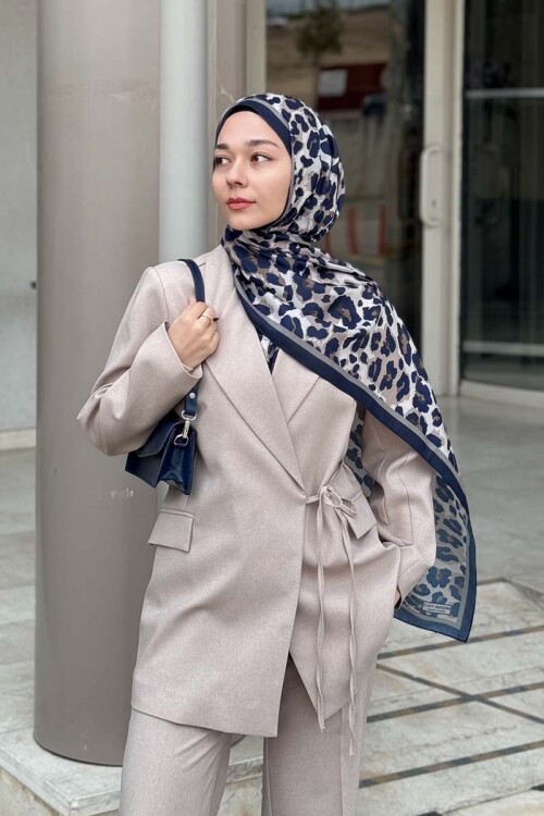 Ahsen Alemdar Historical Leopar Desen Şal - Lacivert 