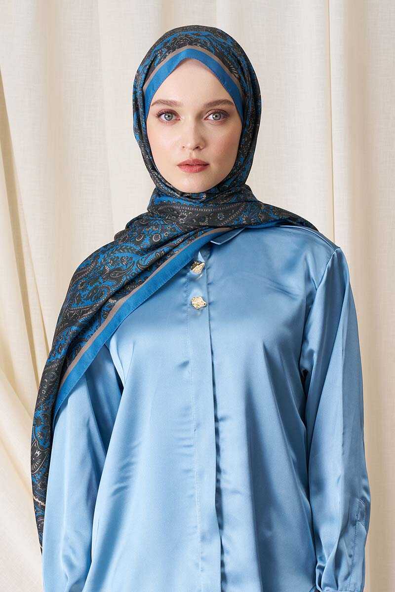 Tuba Bağ Historical Veloria Desen Şal - İndigo - MADAME POLO