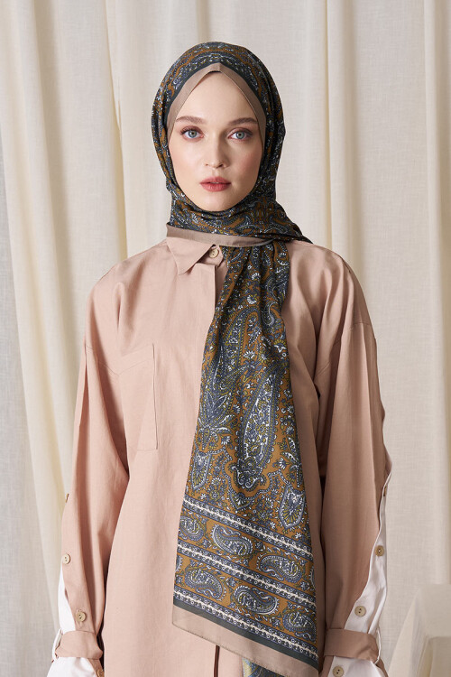 Historical Veloria Desen Şal - Yağ Yeşili 