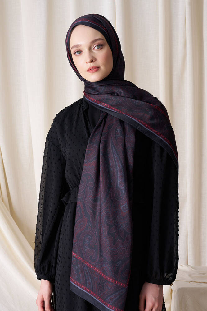 Historical Victorian Desen Şal - Bordo / Siyah - 5