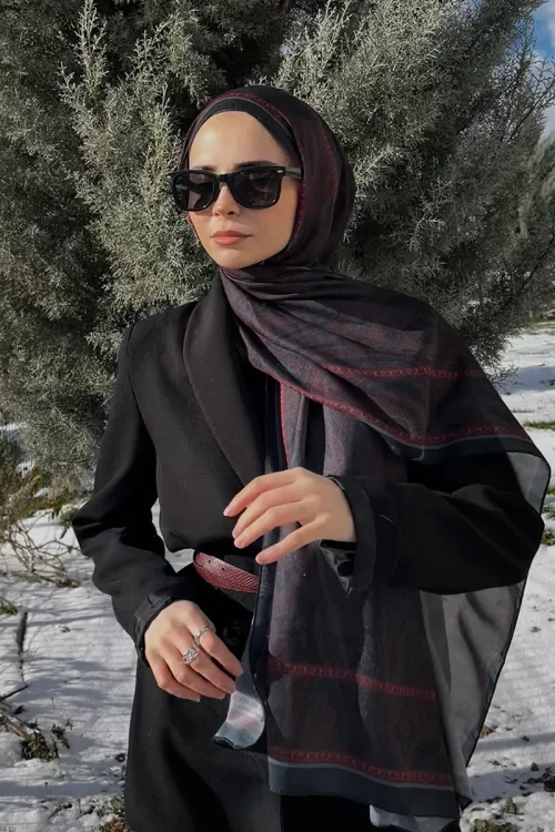 Historical Victorian Desen Şal - Bordo / Siyah 