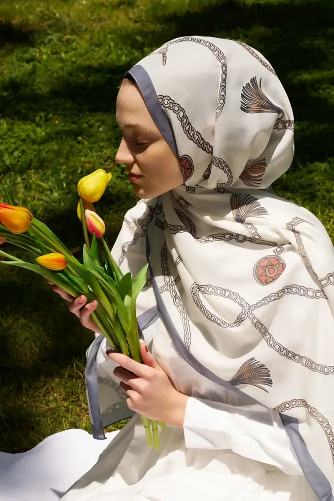 Hyper Zincir Desen Şal - Kırık Beyaz - 5