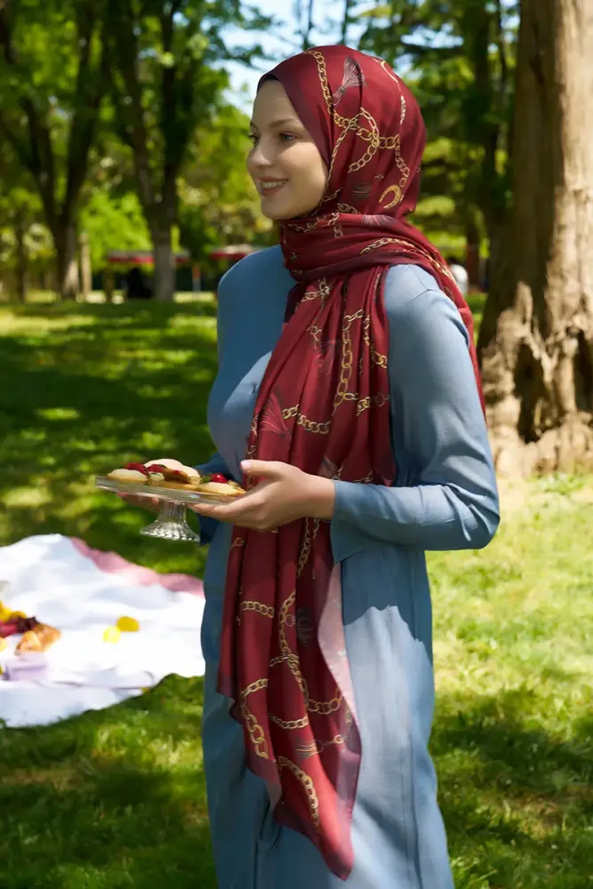 Ebrar Taş Hyper Zincir Desen Şal - Kırmızı - 2