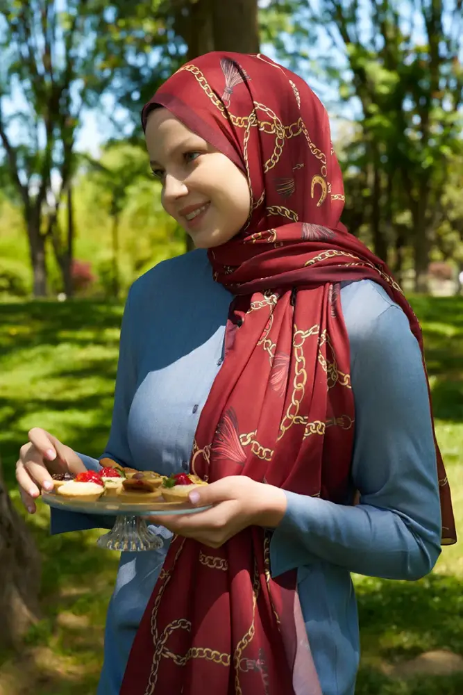 Ebrar Taş Hyper Zincir Desen Şal - Kırmızı - 4