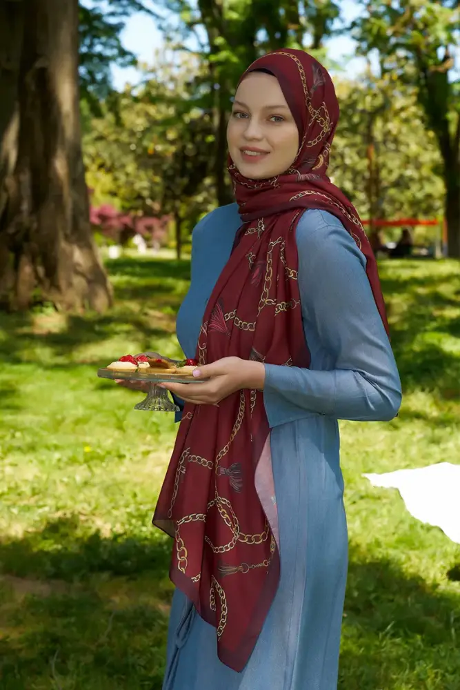 Ebrar Taş Hyper Zincir Desen Şal - Kırmızı - 5