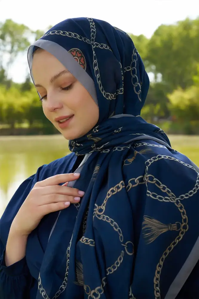 Hyper Zincir Desen Şal - Lacivert - 1