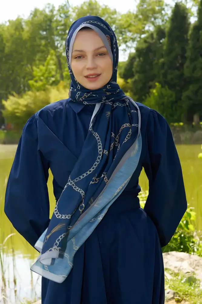 Hyper Zincir Desen Şal - Lacivert - 2