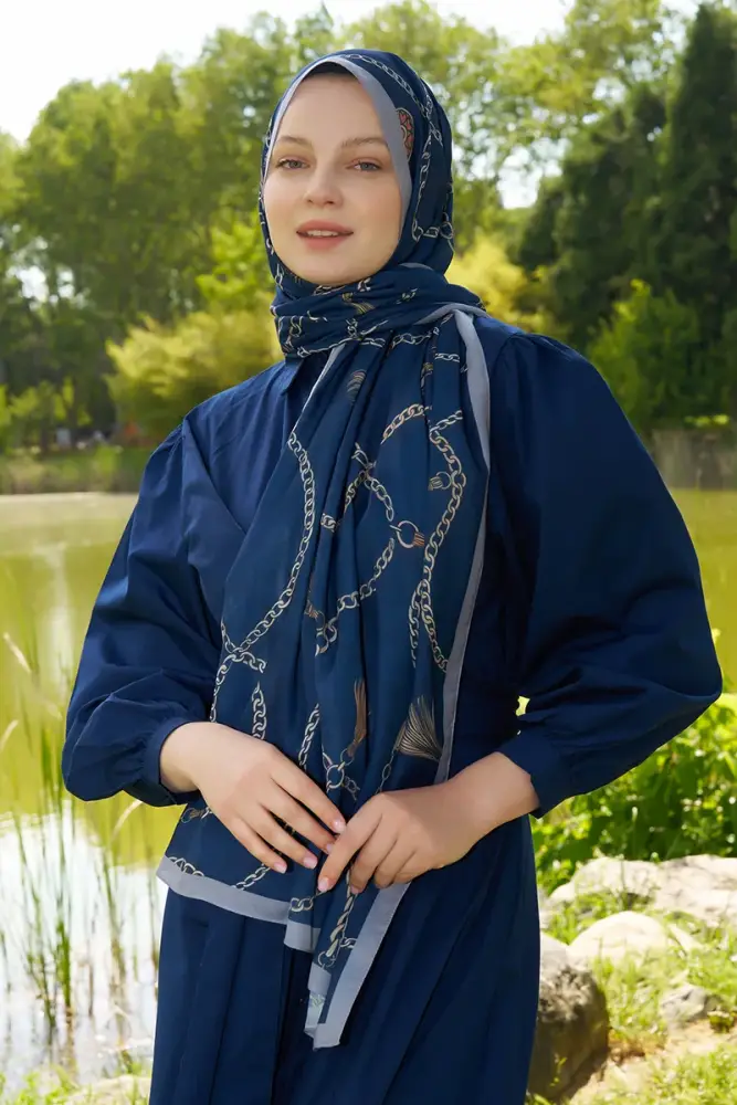 Hyper Zincir Desen Şal - Lacivert - 3