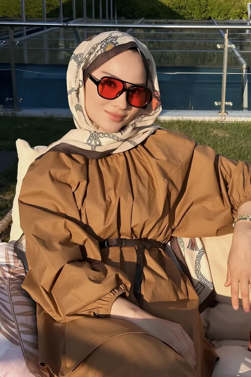 Rabia Hundi Hyper Zincir Desen Şal - Latte 