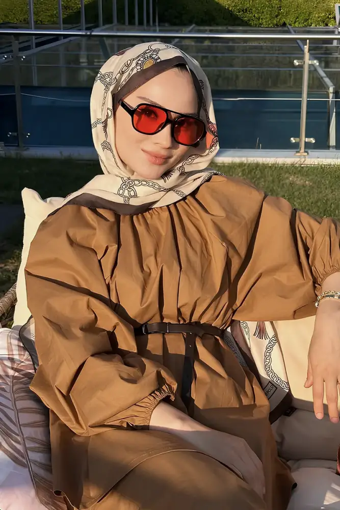 Rabia Hundi Hyper Zincir Desen Şal - Latte - 1