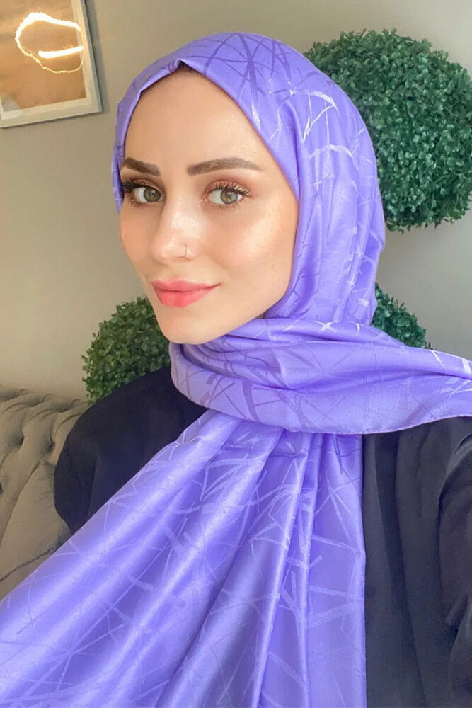 Büşra Fethi İpeksi Jakar İtalyan Şal Çizgi Desen - Violet - MADAME POLO