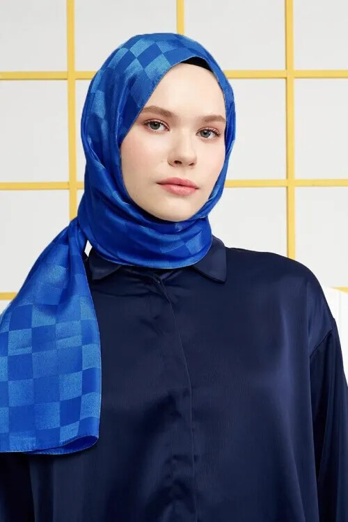 İpeksi Jakar İtalyan Şal Dama Desen - Saks - MADAME POLO