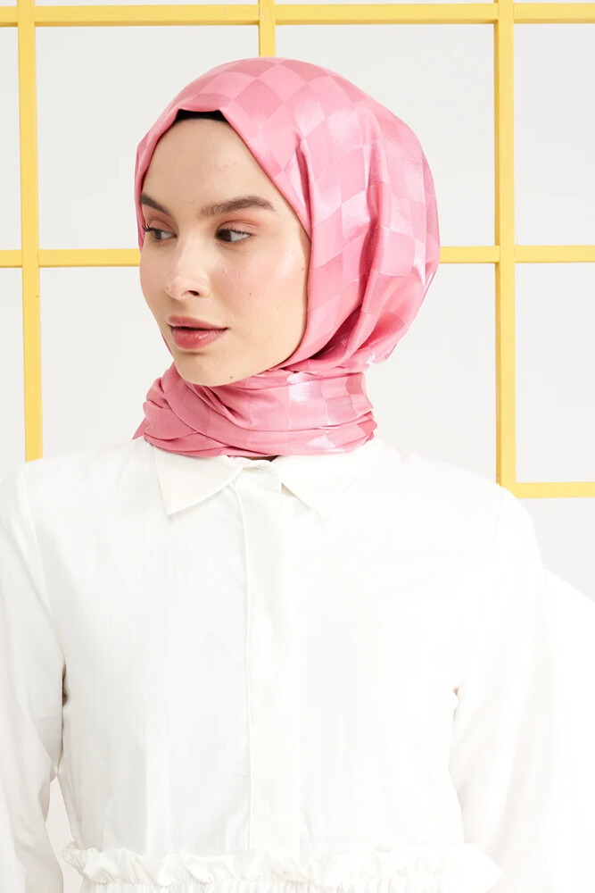 İpeksi Jakar İtalyan Şal Dama Desen - Tatlı Pembe - MADAME POLO