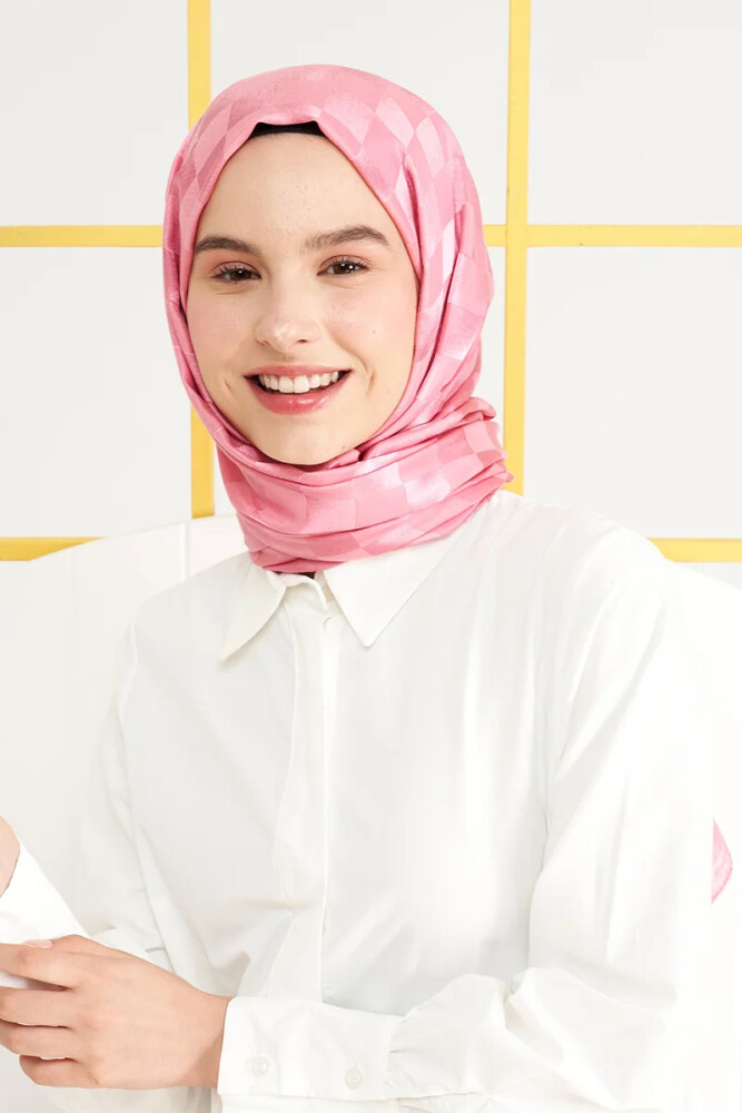 İpeksi Jakar İtalyan Şal Dama Desen - Tatlı Pembe - MADAME POLO
