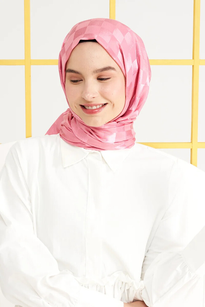 İpeksi Jakar İtalyan Şal Dama Desen - Tatlı Pembe - MADAME POLO