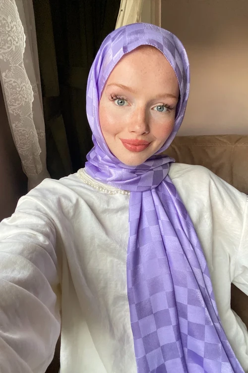 Mai Derya İpeksi Jakar İtalyan Şal Dama Desen - Violet 