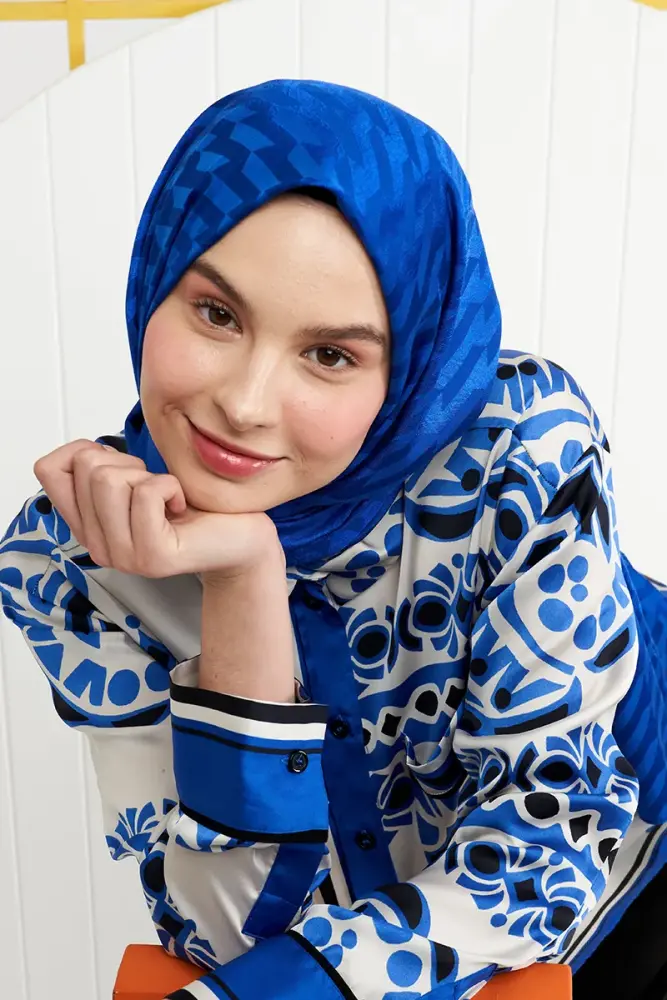 İpeksi Jakar İtalyan Şal Origami Desen - Saks - 1