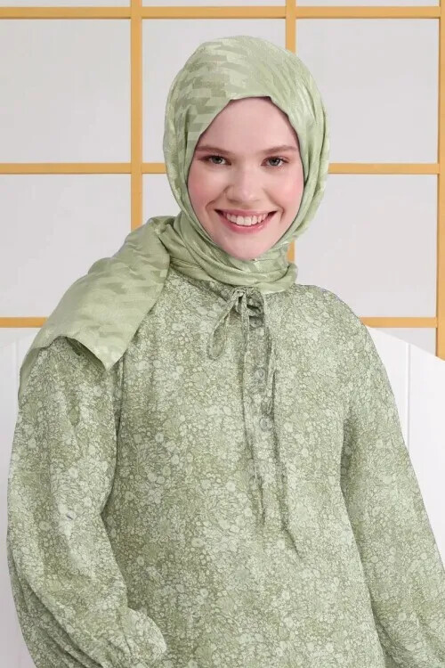 İpeksi Jakar İtalyan Şal Origami Desen - Soft Yeşil - MADAME POLO