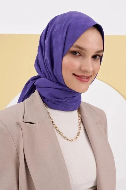 Feyza Hakymez İpeksi Jakar Lara Şal Dama Desen - Metalik Mor - MADAME POLO
