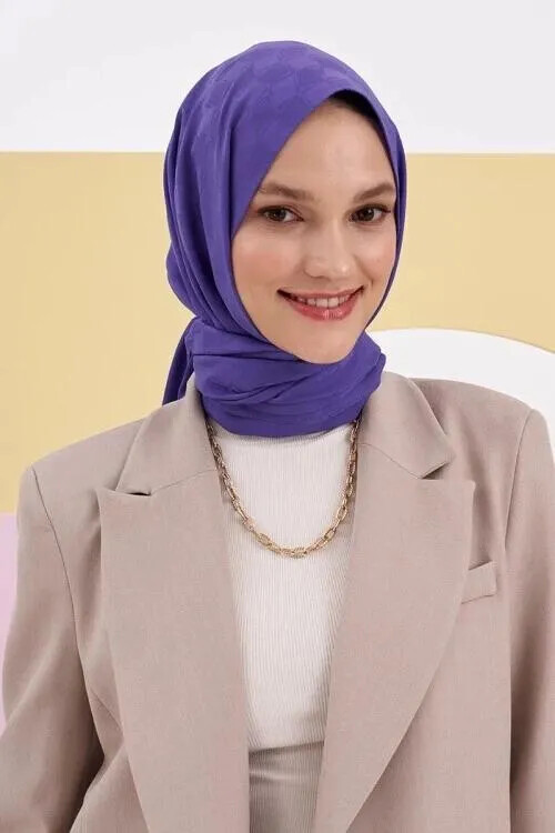 Feyza Hakymez İpeksi Jakar Lara Şal Dama Desen - Metalik Mor - MADAME POLO