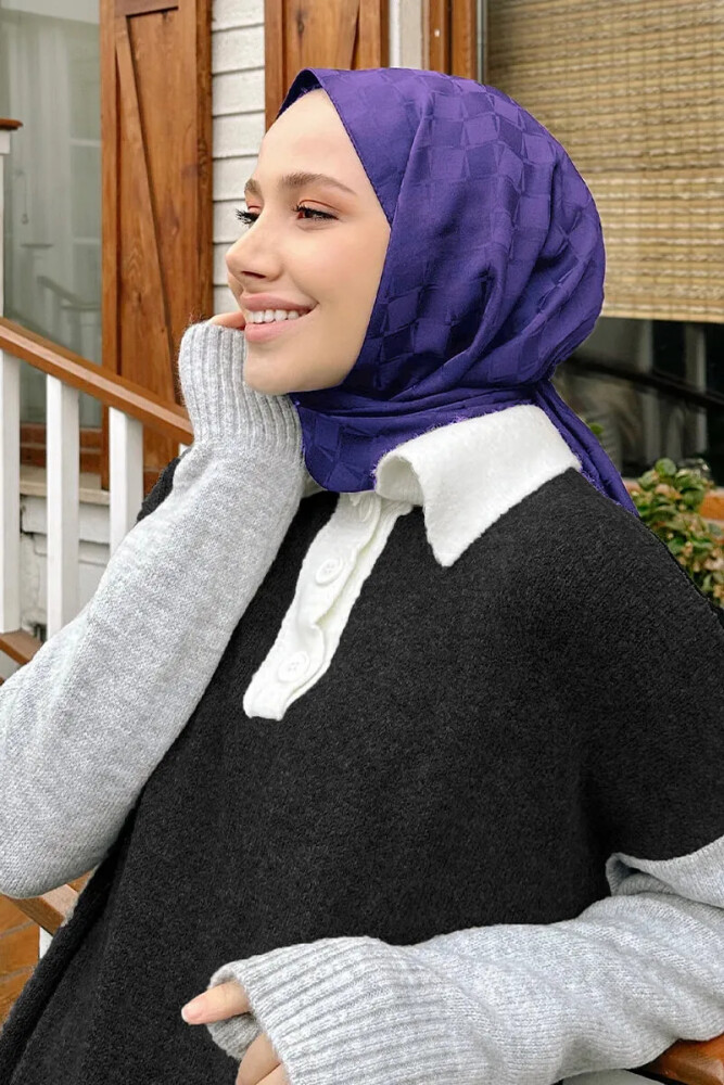 Feyza Hakymez İpeksi Jakar Lara Şal Dama Desen - Metalik Mor - MADAME POLO