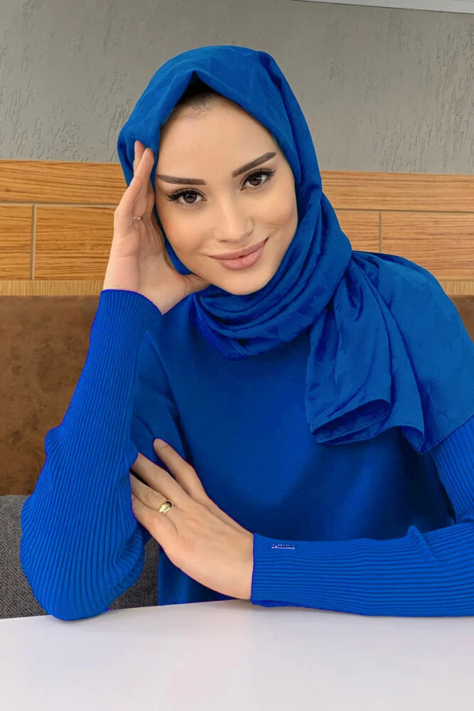 Rabia Hundi İpeksi Jakar Lara Şal Kazayağı Desen - Saks Mavisi - MADAME POLO