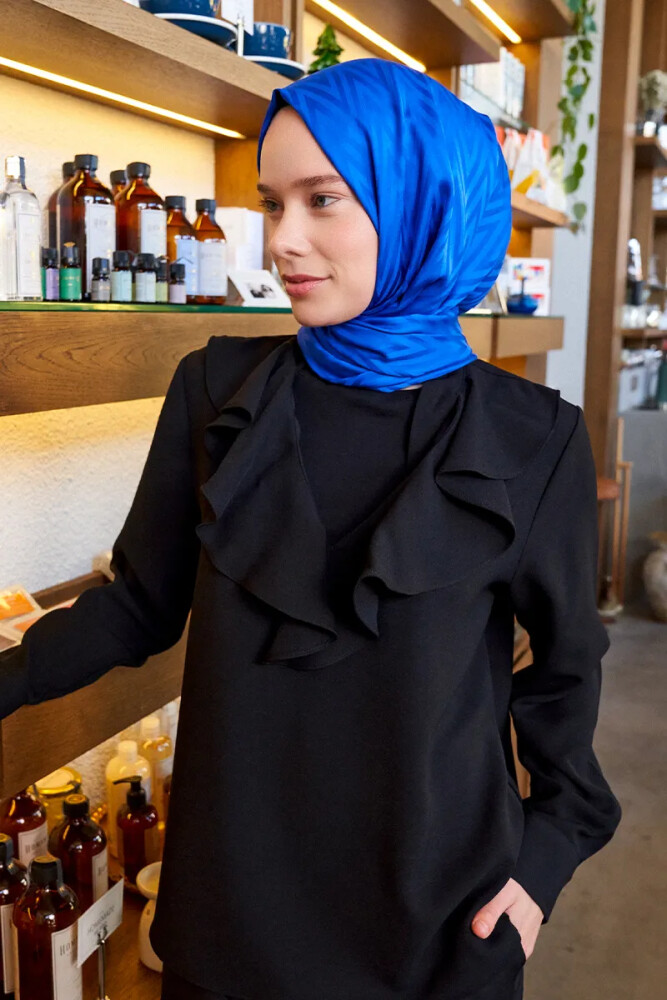 İpeksi Jakar Lisa Şal Zikzak Desen - Saks Mavi - MADAME POLO