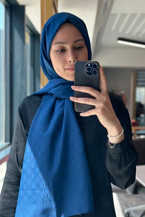 İpeksi Jakar Nova Şal Baklava Desen - Kot Mavi - MADAME POLO