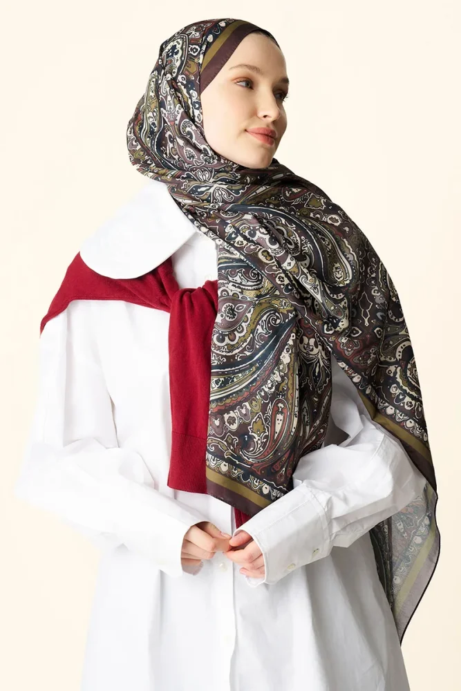 Katre Desenli Pamuk Dokulu Şal - Acı Kahve - 3