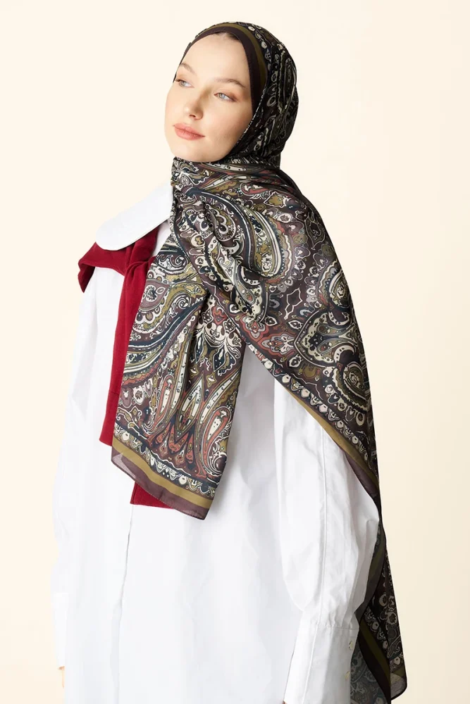 Katre Desenli Pamuk Dokulu Şal - Acı Kahve - 4