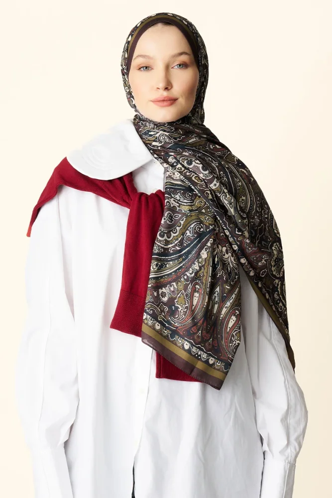 Katre Desenli Pamuk Dokulu Şal - Acı Kahve - 5