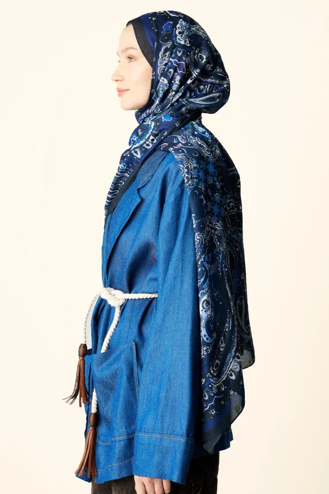Katre Desenli Pamuk Dokulu Şal - Lacivert - 3