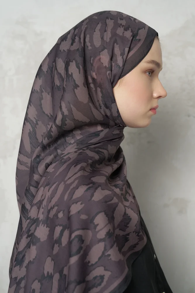 Leopar Desenli Pamuk Dokulu Şal - Acı Kahve - 2