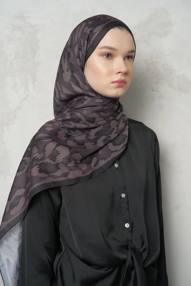 Leopar Desenli Pamuk Dokulu Şal - Acı Kahve - 3