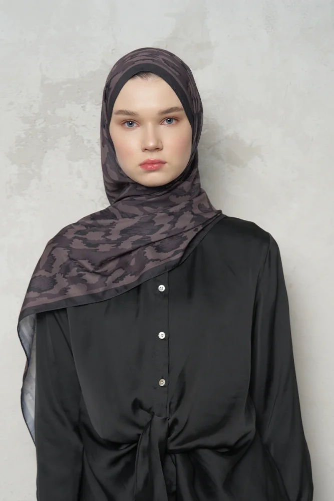 Leopar Desenli Pamuk Dokulu Şal - Acı Kahve - 4