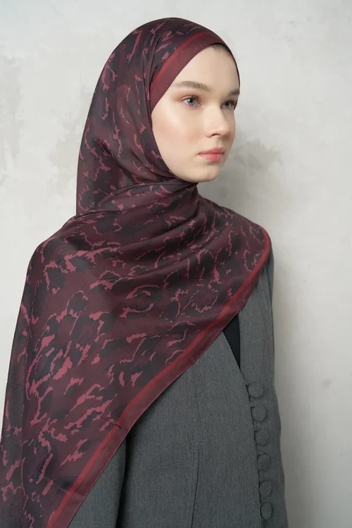 Leopar Desenli Pamuk Dokulu Şal - Bordo 