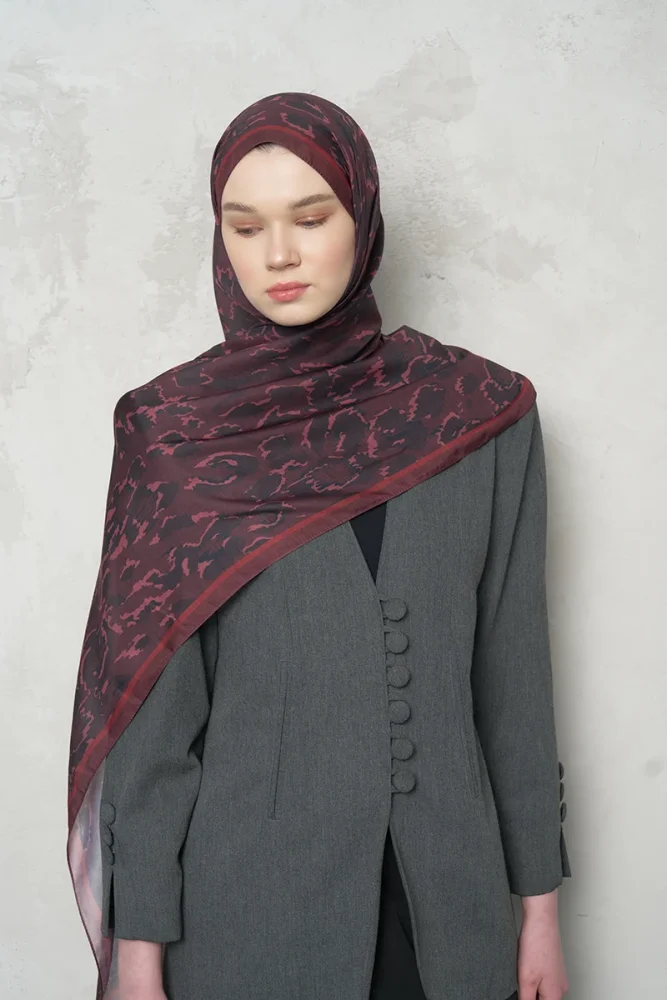 Leopar Desenli Pamuk Dokulu Şal - Bordo - 2