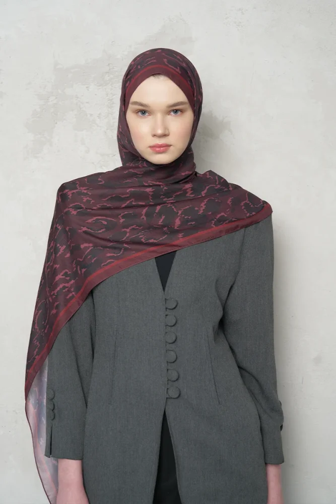 Leopar Desenli Pamuk Dokulu Şal - Bordo - 3