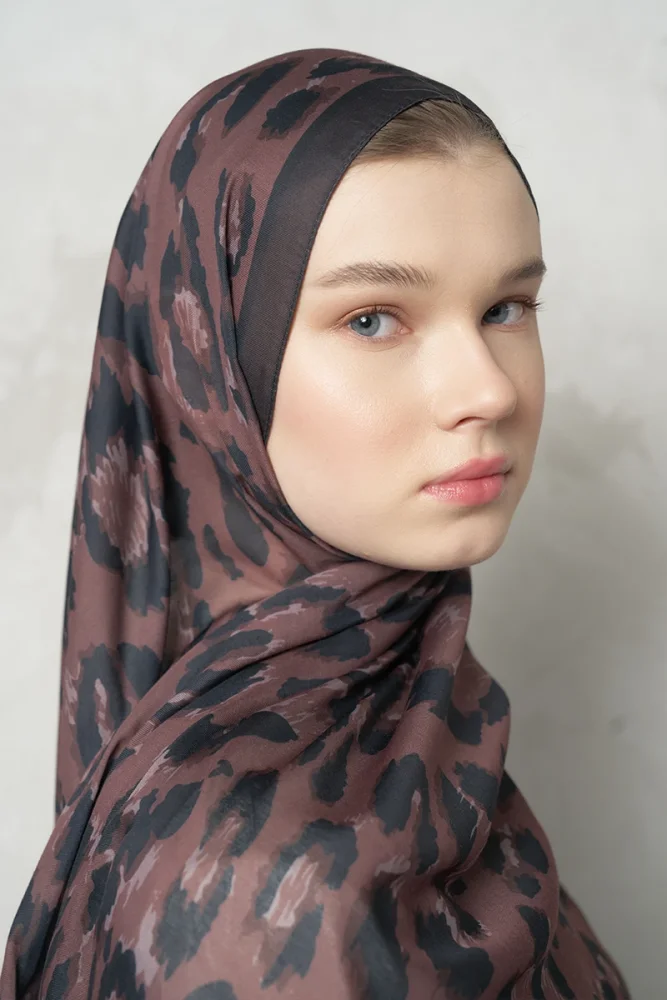 Leopar Desenli Pamuk Dokulu Şal - Kahverengi - 2