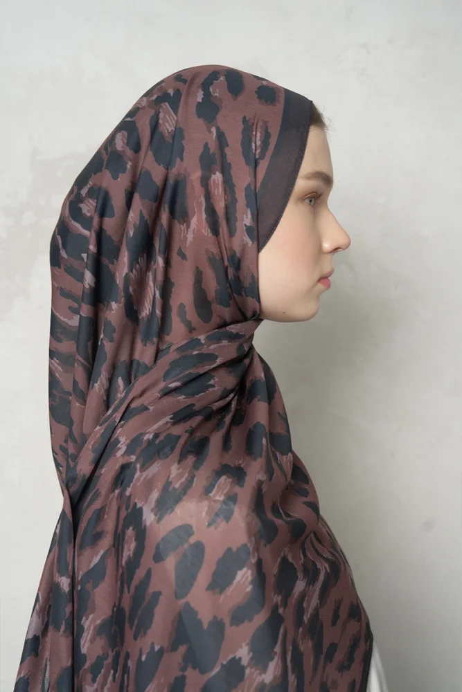 Leopar Desenli Pamuk Dokulu Şal - Kahverengi - 4