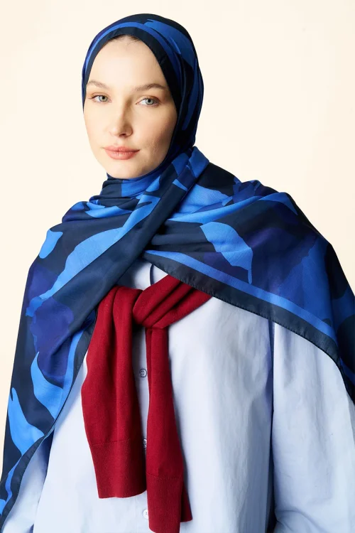 Liva Desenli Pamuk Dokulu Şal - Gece Mavisi 