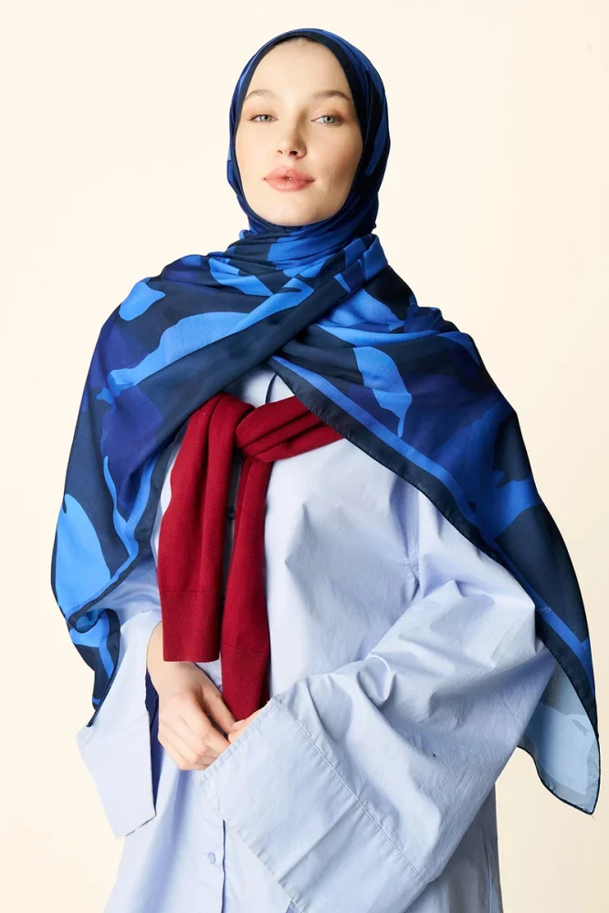 Liva Desenli Pamuk Dokulu Şal - Gece Mavisi - 2