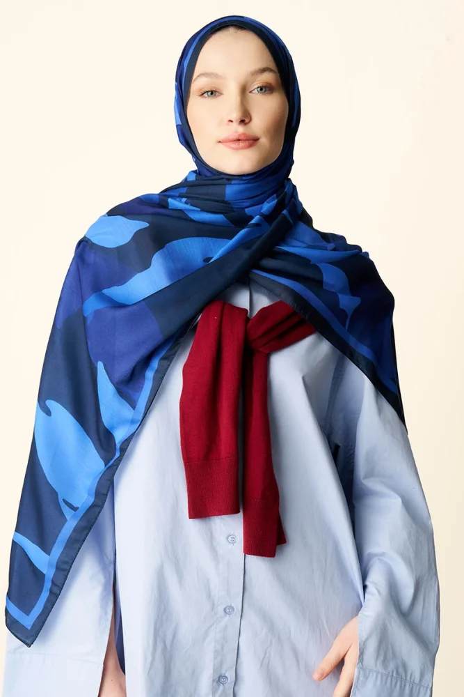 Liva Desenli Pamuk Dokulu Şal - Gece Mavisi - 3