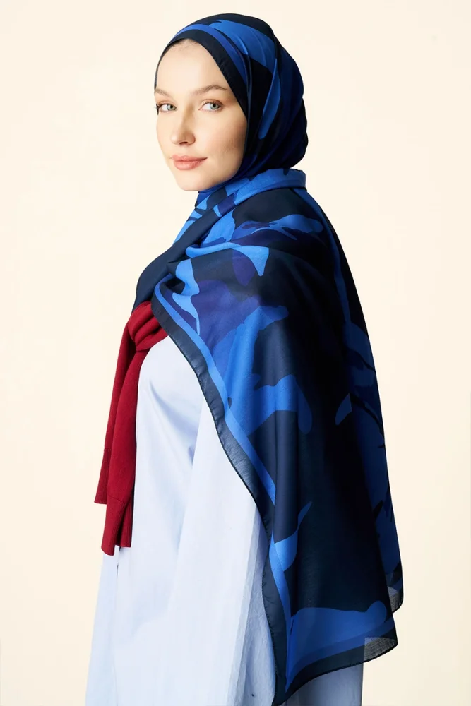 Liva Desenli Pamuk Dokulu Şal - Gece Mavisi - 4