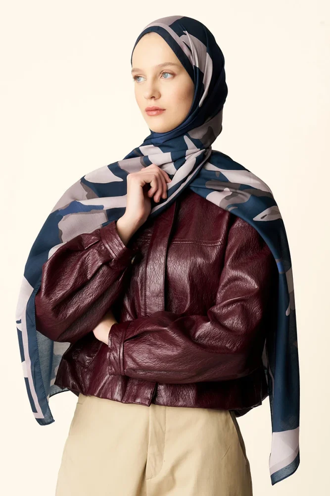 Liva Desenli Pamuk Dokulu Şal - Lacivert - 1