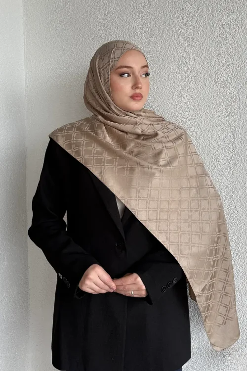 Naiya Jakar Şal Frame Desen - Koyu Bej 