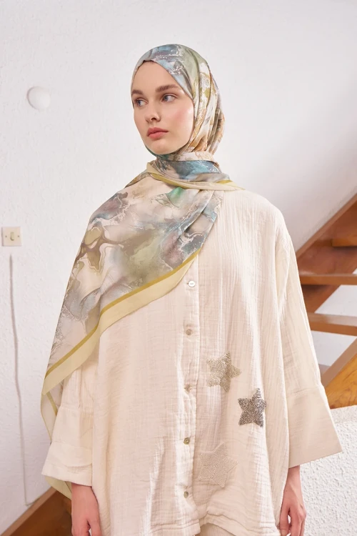 Passionate Solstice Desen Şal - Yağ Yeşili 