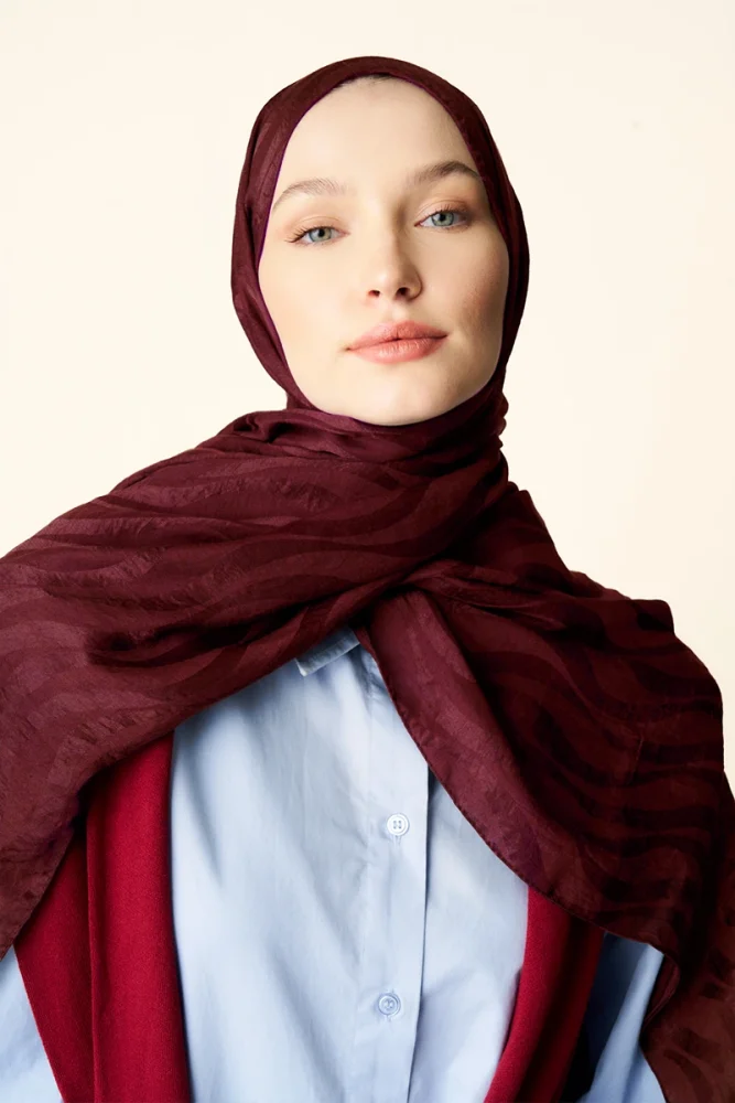 Premium Jakar Şal Dalga Desen - Bordo - 4
