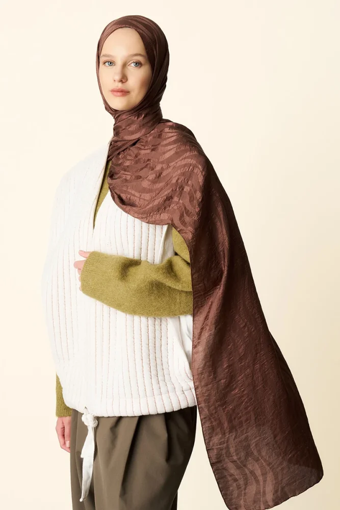 Premium Jakar Şal Dalga Desen - Brownie - 1